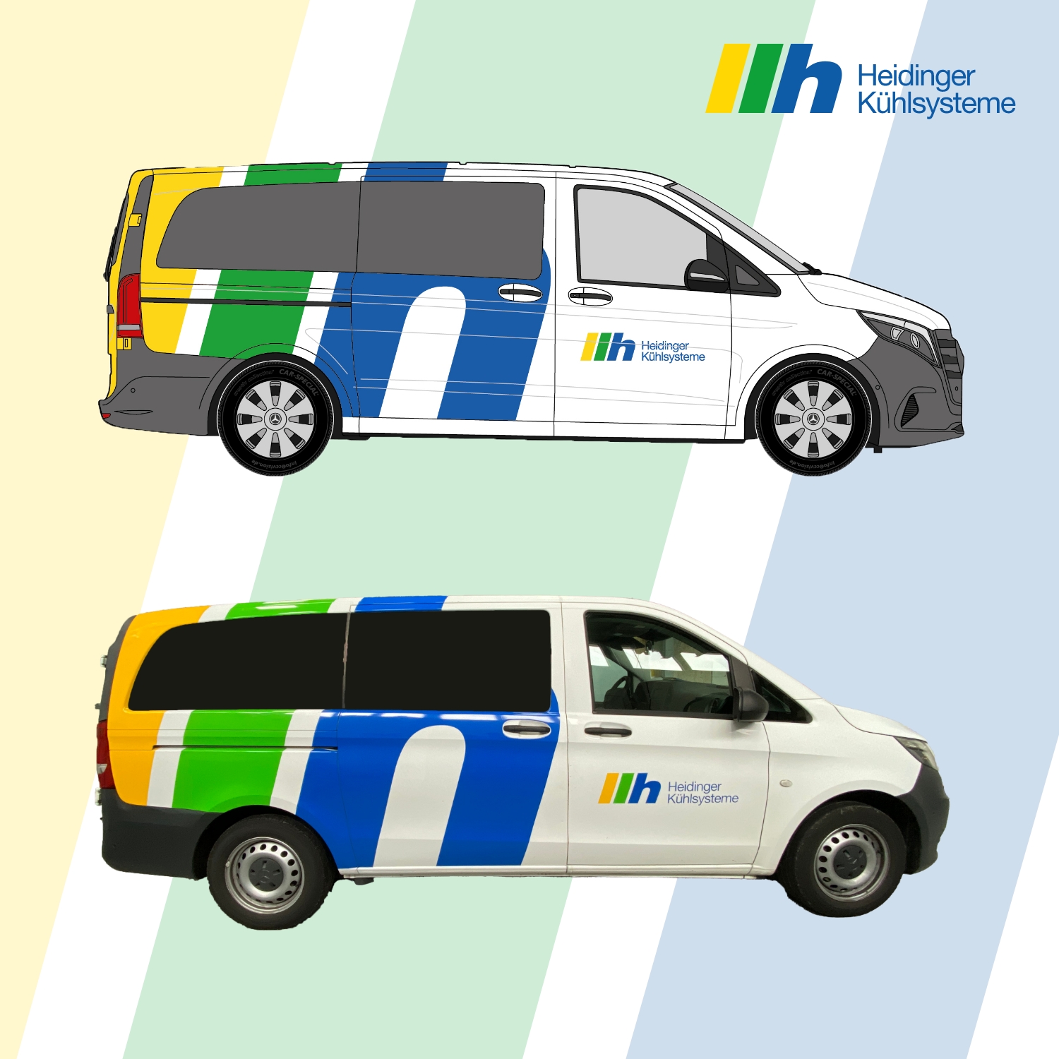 Neumo-Fahrzeug mit Autobeschriftung und Teilfolierung